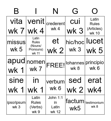 CC Latin Review Weeks 1-12 Bingo Card