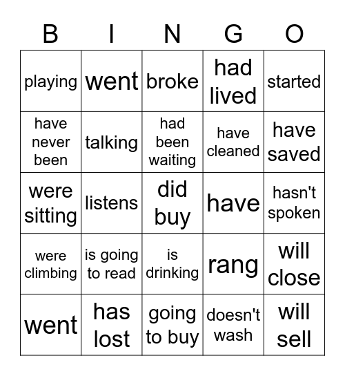 Tenses: Verbs Bingo Card