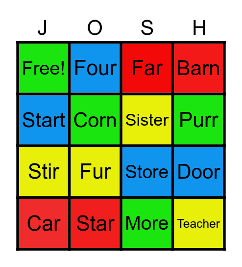 Josh's /r/ Words Bingo Card