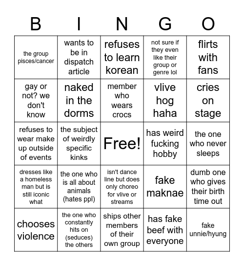 kpop idol group bingo Card