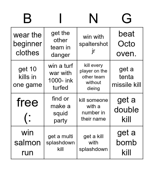 splatoon 2 Bingo Card