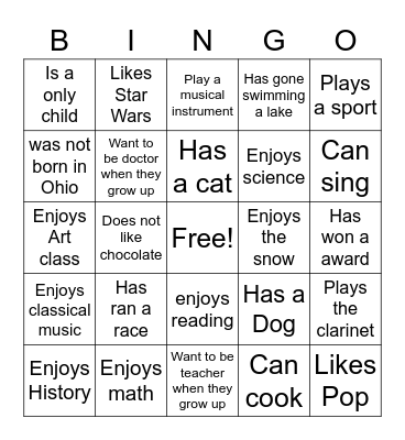 Getting To know You Bingo Card
