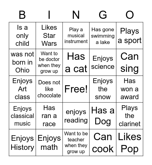 Getting To know You Bingo Card