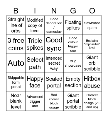 Geometry Dash Recent Level Bingo Card