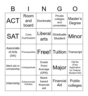 College Vocabulary Bingo Card