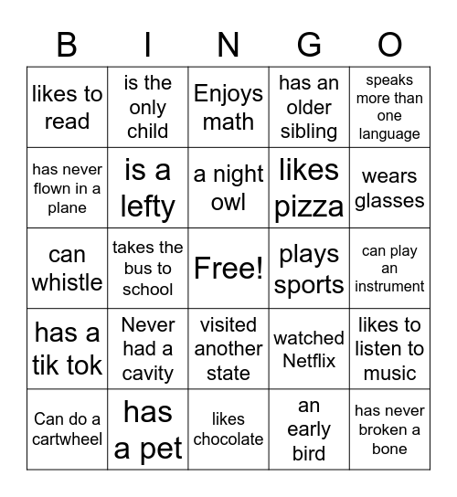 All About You Bingo Card