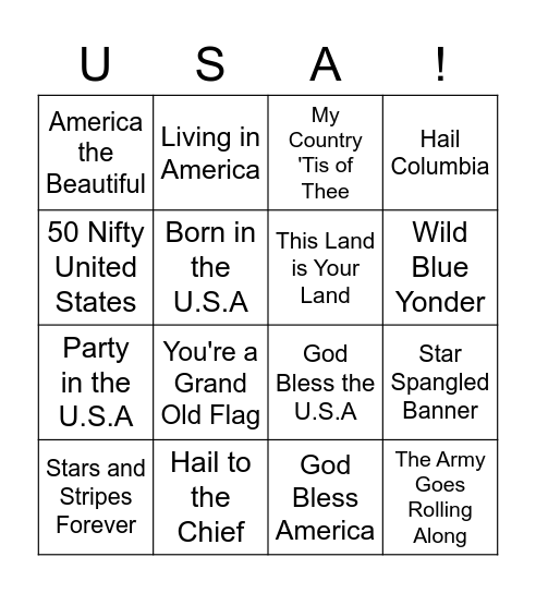 Patriotic, American Songs Bingo Card