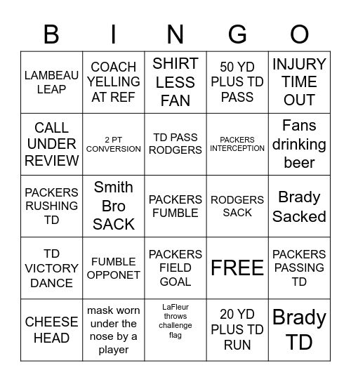 Green Bay Packers Bingo Card