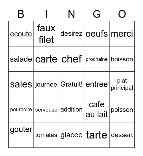 Au Cafe DELF Bingo Card