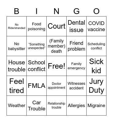 Call In Bingo Card