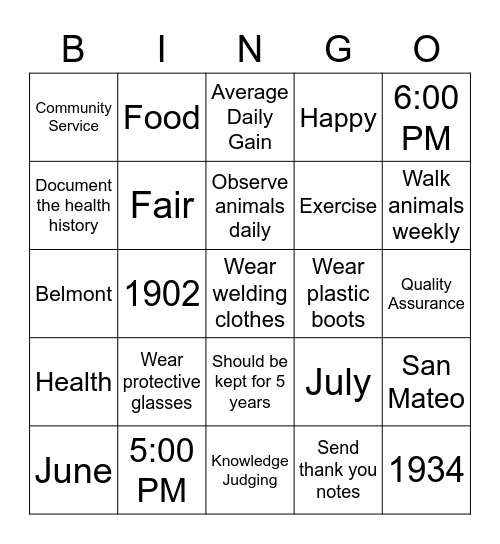 4H Bingo Card