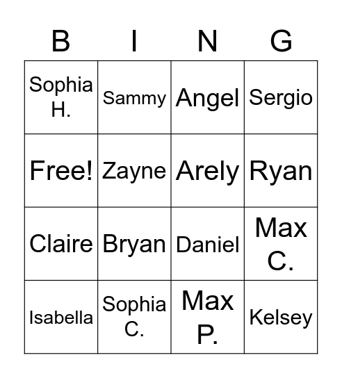 1st Period Bingo Card