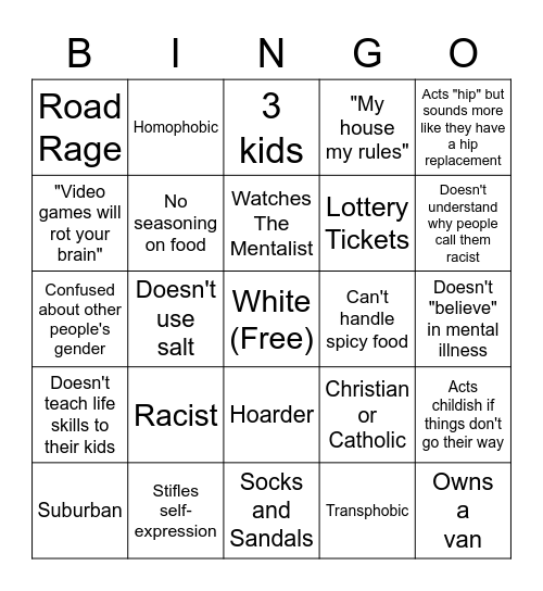 White Stereotype Bingo Card