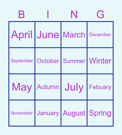 Months of the year & Seasons Bingo Card