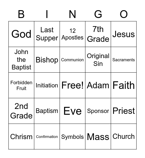 Sacraments of Initiation Bingo Card