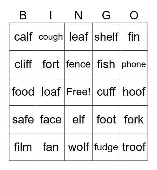 /f/ words Bingo Card