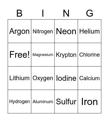 Periodic Table Bingo Card