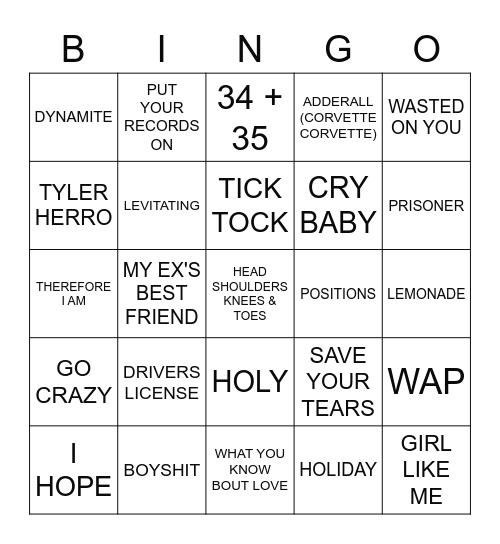 TODAY'S TOP HITS Bingo Card