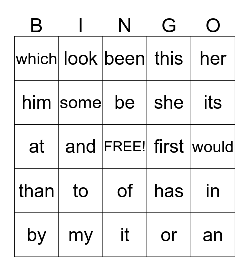 First 100 Words Bingo Card