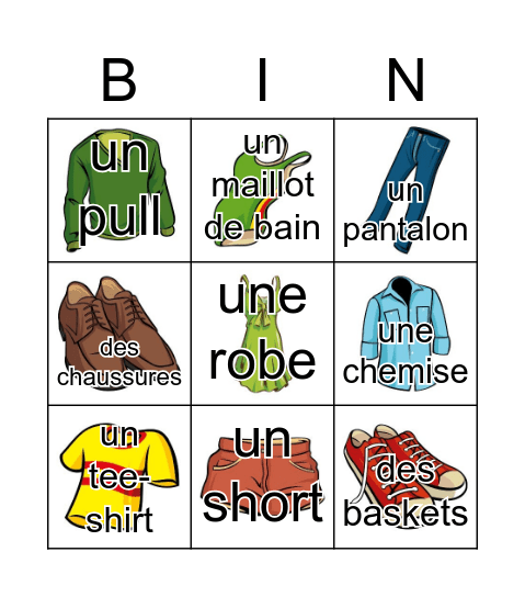 Les vêtements Bingo Card