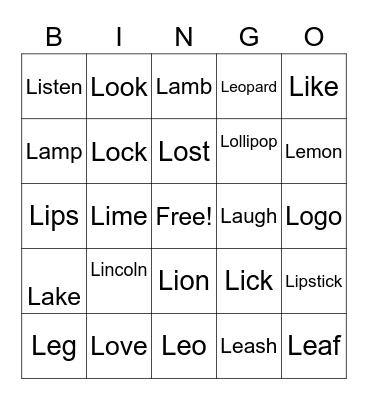 L Words Bingo Card