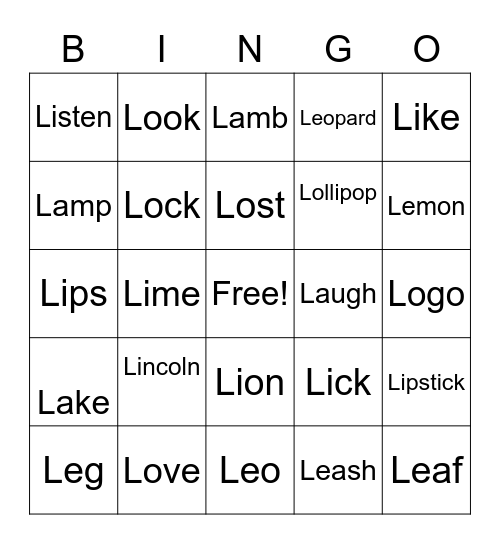 L Words Bingo Card