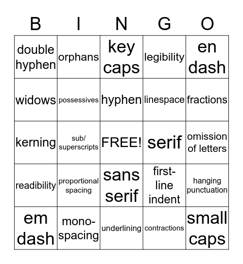 TYPOGRAPHY Bingo Card