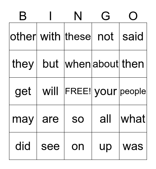 First 100 Words 2 Bingo Card