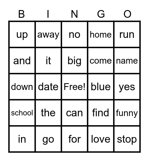 Sight Word BINGO Bingo Card