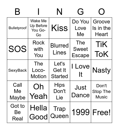 Popular Party Songs Bingo Card