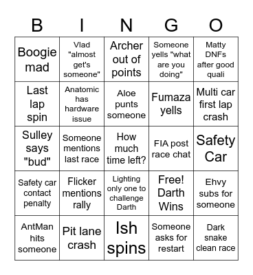 F1 League Bingo Card