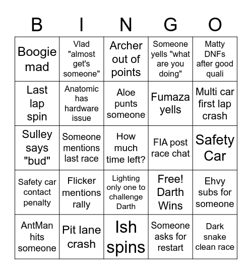 F1 League Bingo Card