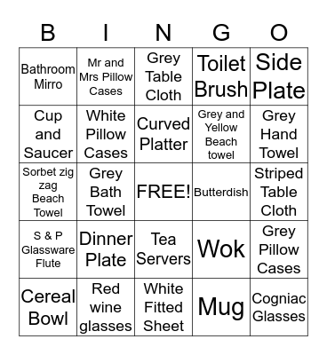 Gift Registry Bingo Card