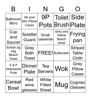 Gift Registry Bingo Card