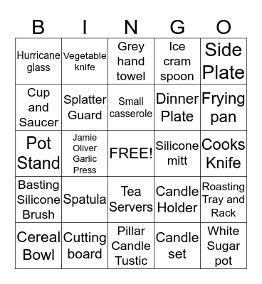 Gift Registry Bingo Card