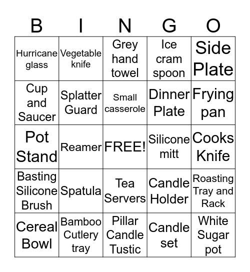 Gift Registry Bingo Card