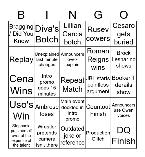 Rob Kaufman Channel Live RAW Commentary Bingo Card