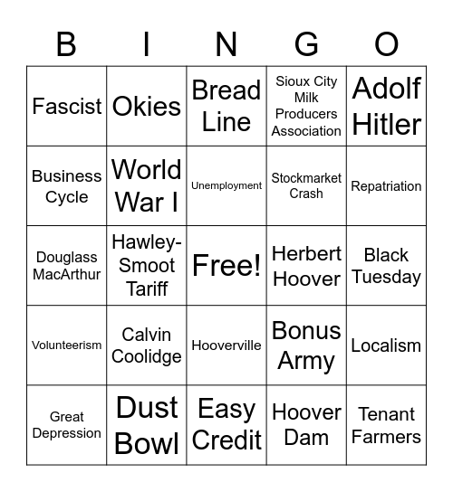 Great Depression Bingo Card