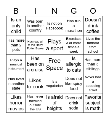 Get To Know You Bingo Card