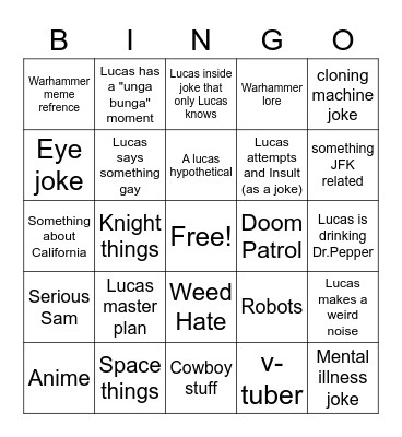 Lucas Laserbeam Bingo Card