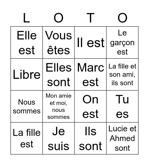 Etre et les pronoms Bingo Card