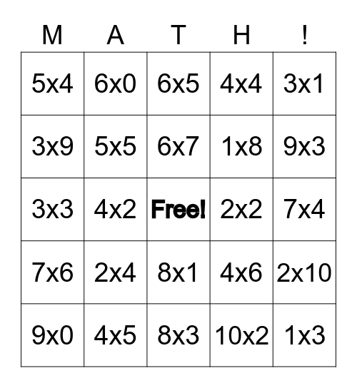 Multiplication Bingo Card
