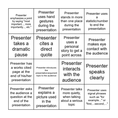 Presentation Skills Bingo Card