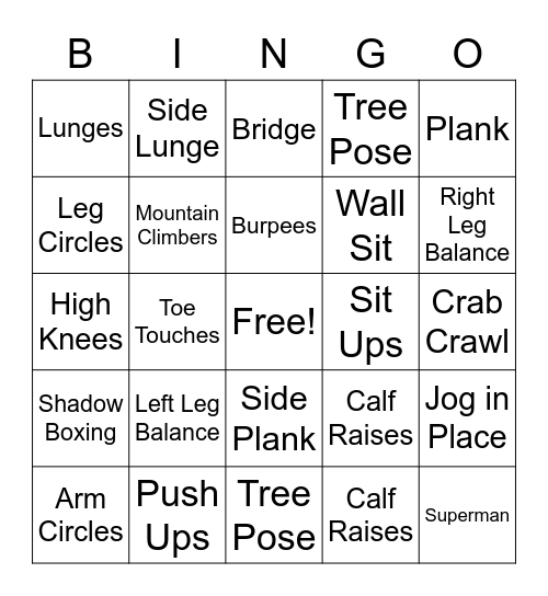 Indoor P.E. Bingo Card