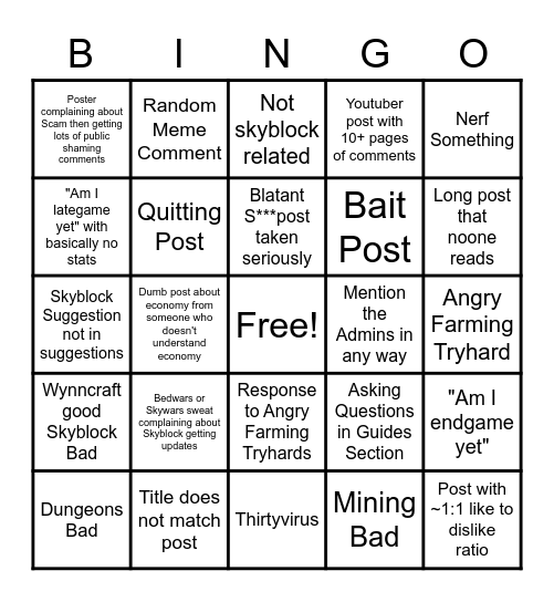 Hypixel Skyblock Forums Bingo! Bingo Card