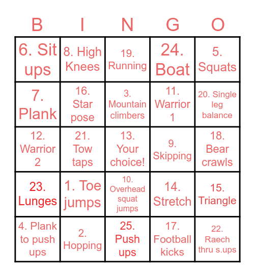 Bodeyweight exercises Bingo Card