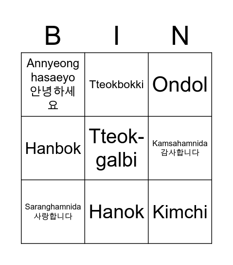 Korean culture Bingo Card