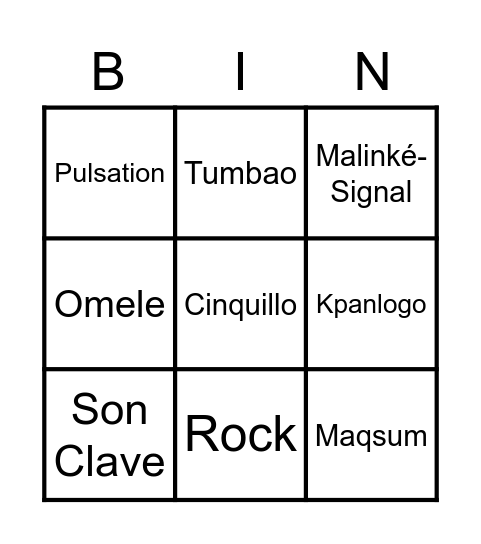 Percussion Bingo Warm-Up Bingo Card