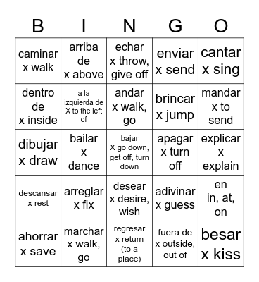 Spanish with Stacey AR Verbs 1-3 & prepositions Bingo Card