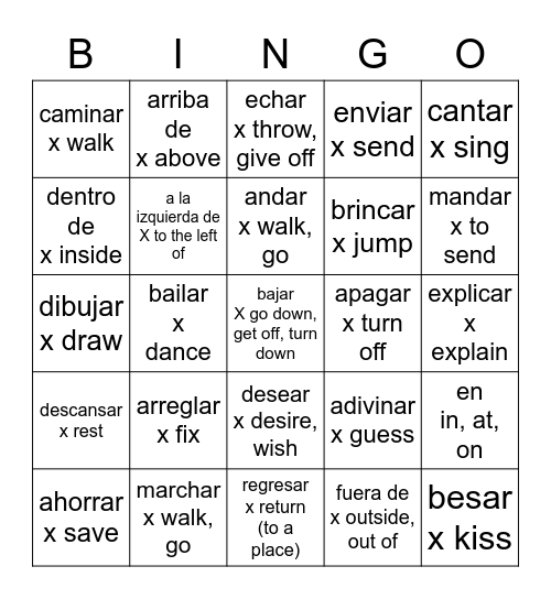 Spanish with Stacey AR Verbs 1-3 & prepositions Bingo Card